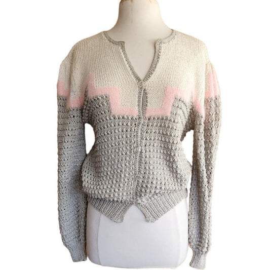 Vintage 80s Sweater Gray Pink Handknit Cardigan Acrylic Angora by Signatures