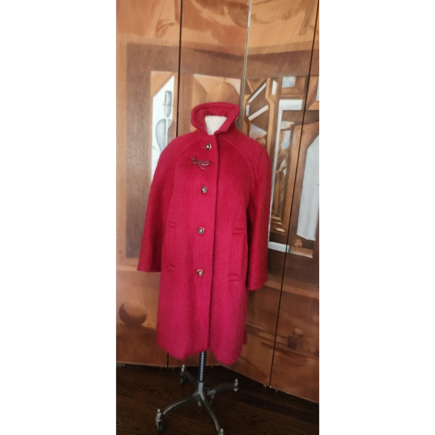 Vintage 1960s Loden Plankl Red Wool Coat Austrian Trachten Alpine Silver Fish Pin