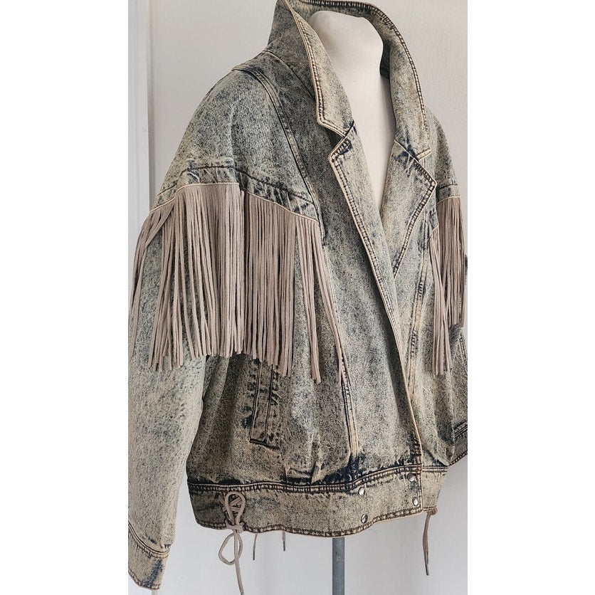 Vintage 80s Rock Creek Trading Co Acid Wash Denim Jacket PLUS SIZE Leather Fringe, Western Style