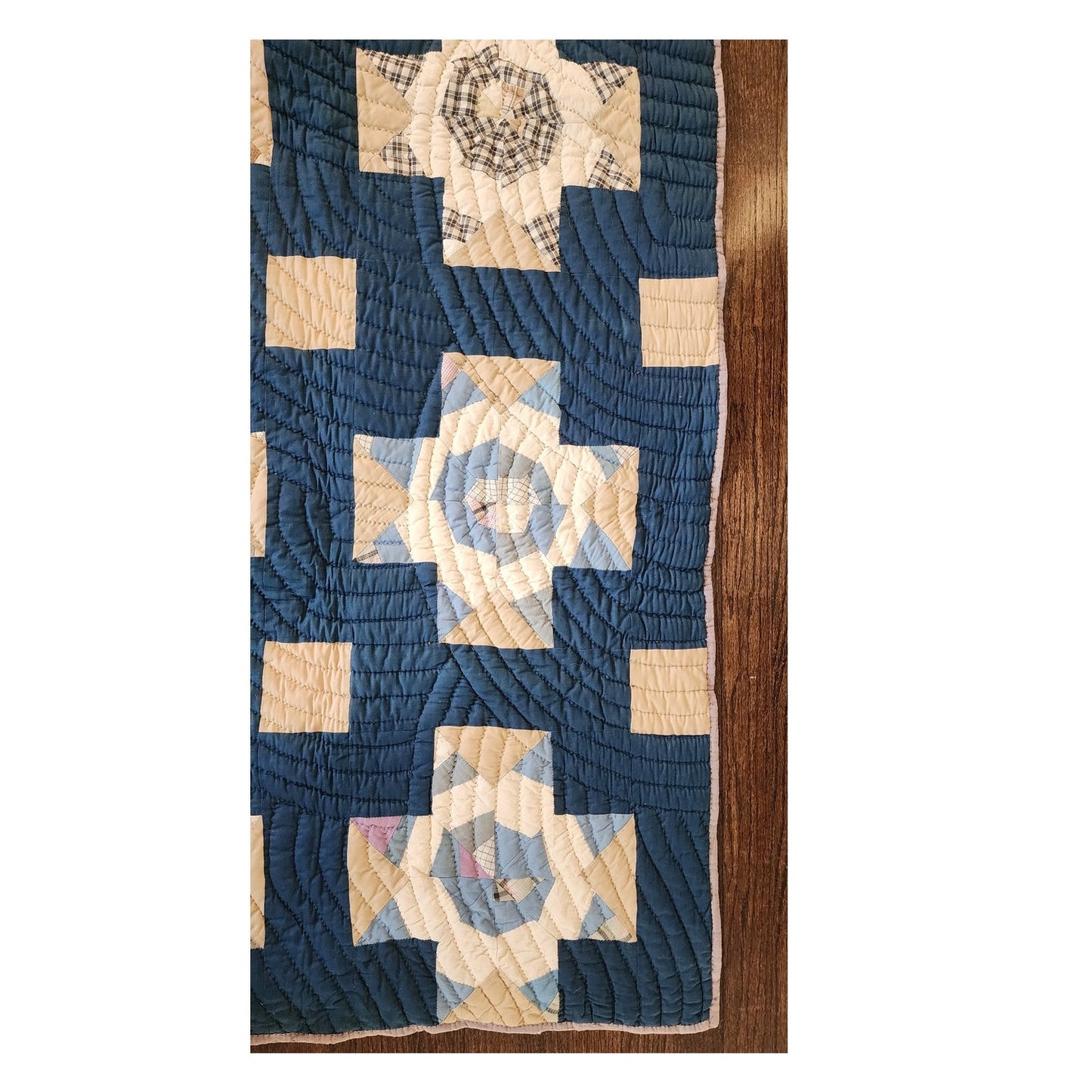 Antique 1800s Quilt Variable Stars Scraps Sampler Crossed Roads Dark Blue w/Cream Crosses