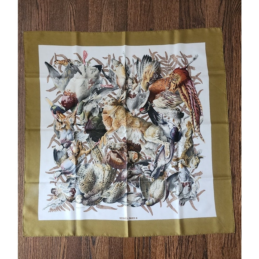 Vintage HERMES Silk Scarf Gibiers Game Animals Print Rabbits Birds Linares