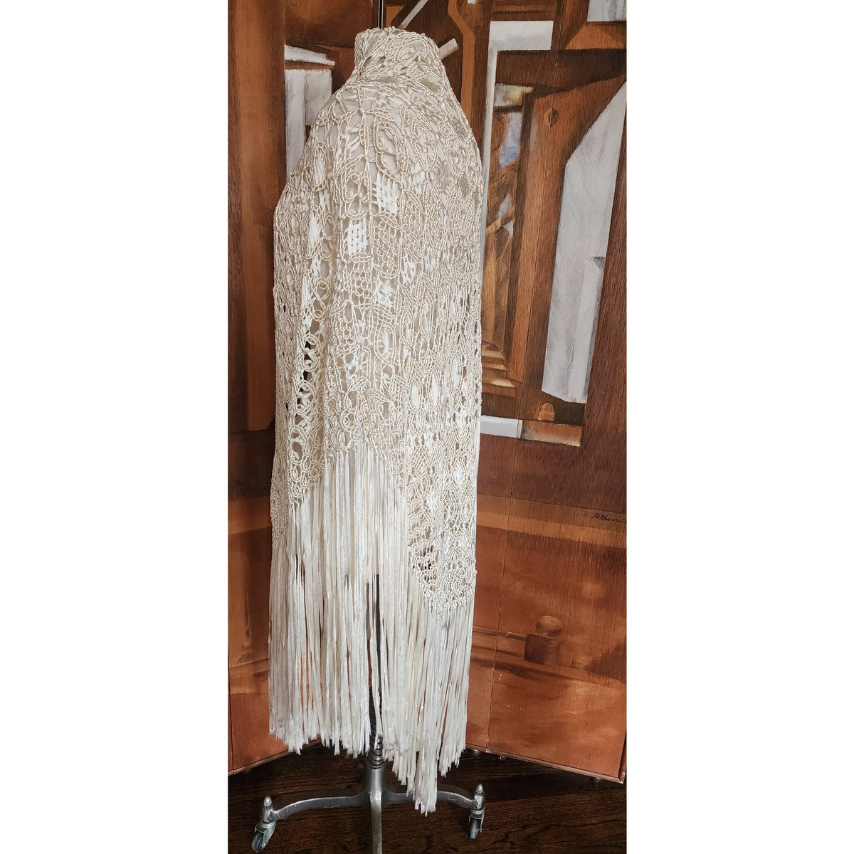 Vintage Cream Crochet Lace Piano Shawl Oversized Macrame Silk Ribbon Wrap Fringed