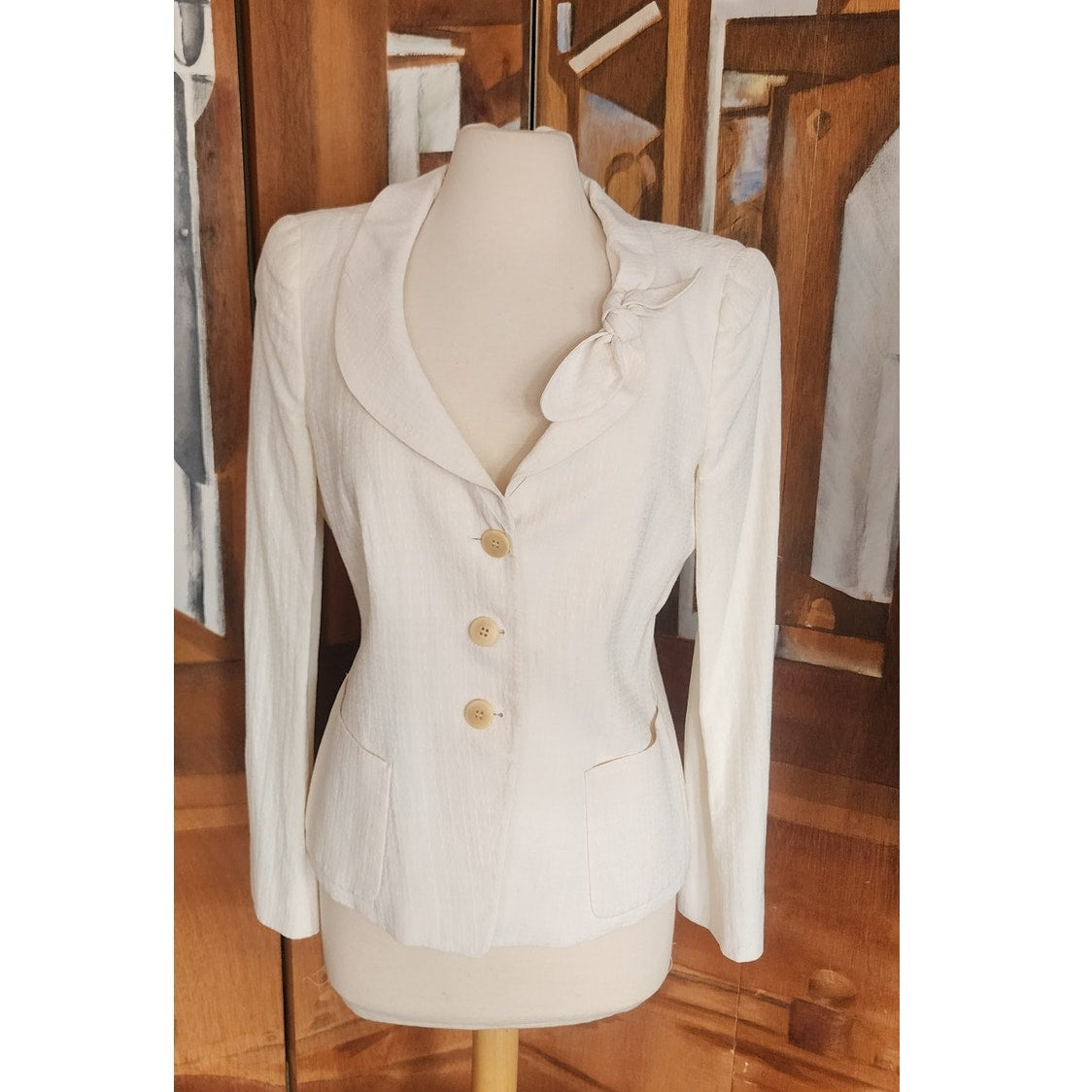 Vintage 2004 ARMANI Blazer in Cream Off White w/Bow Fitted Jacket / Large