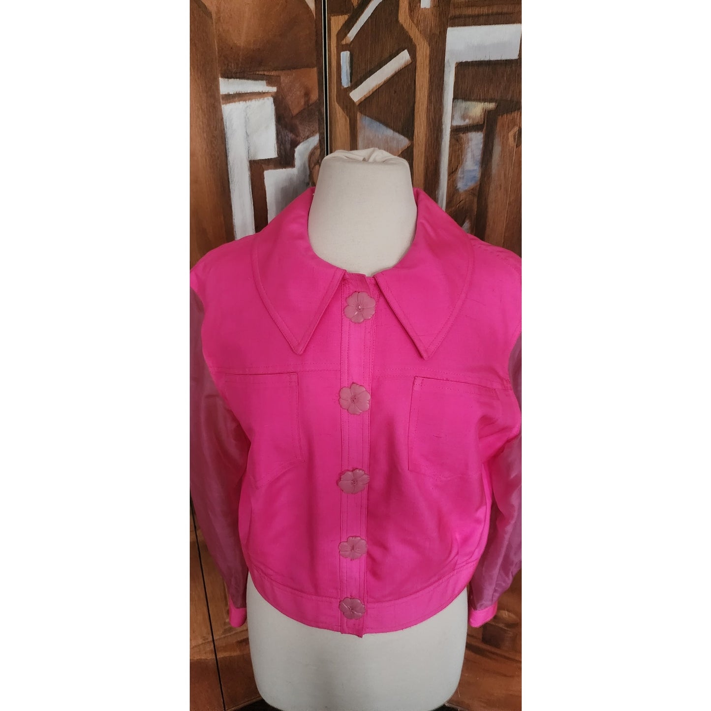 Vintage 90s Pink Silk Jacket Sheer Sleeves Flower Buttons Victoria March Chicago Designer