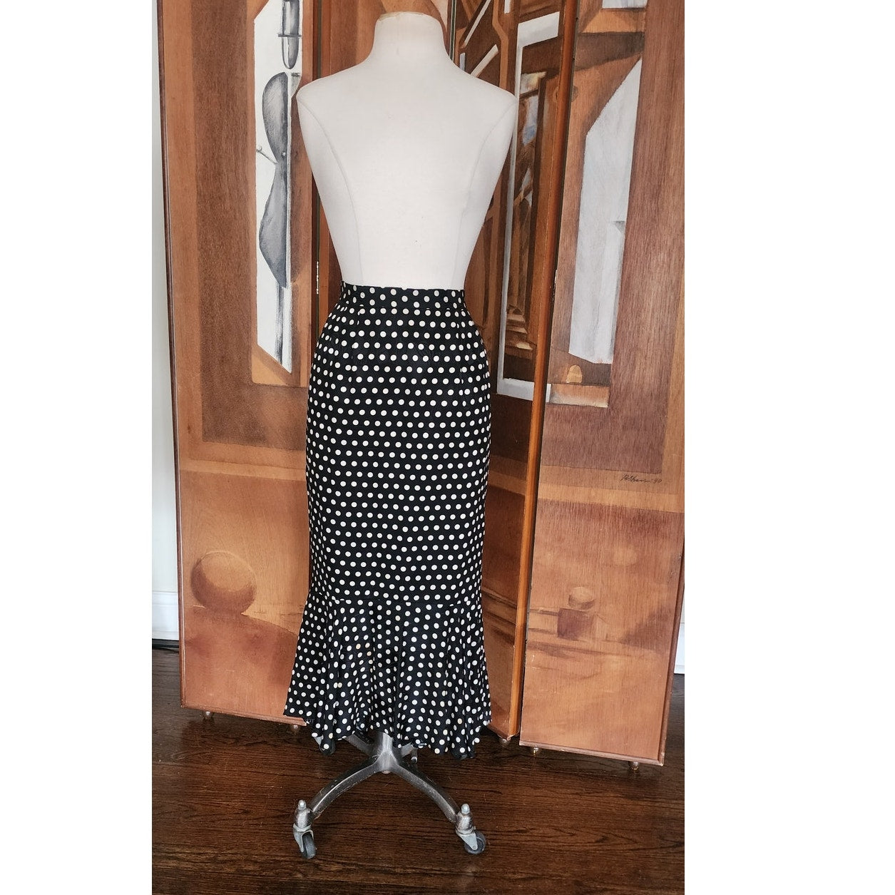 Vintage 80s Saint Romei Neiman Marcus Silk Polka Dot Peplum Jacket Fishtail Skirt Suit Set