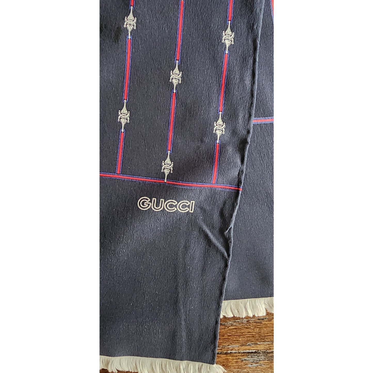 Vintage 1970s Gucci Silk Scarf Navy Blue Horsebit Print Rectangular Fringed