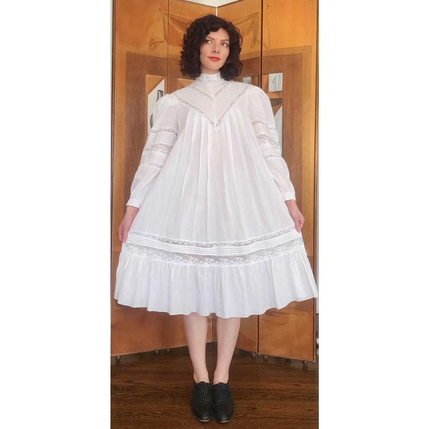 Vintage 1980s Ceegee Sue Wong Dress White Cotton Lace Boho Victorian Puff Sleeve