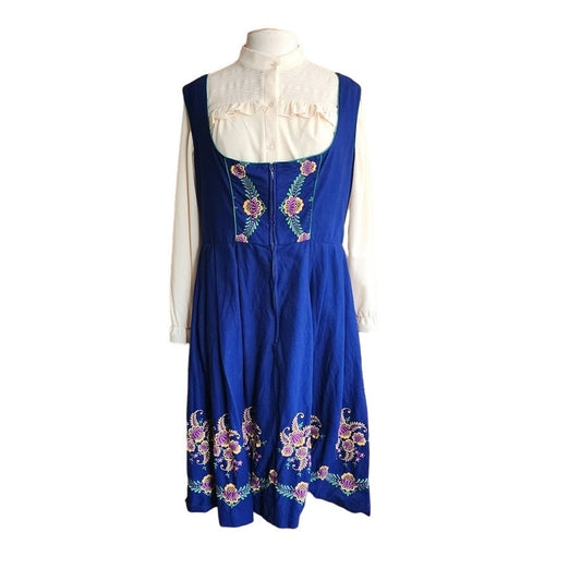 Vintage Dirndle Dress + Blouse Set Blue Floral Embroidery