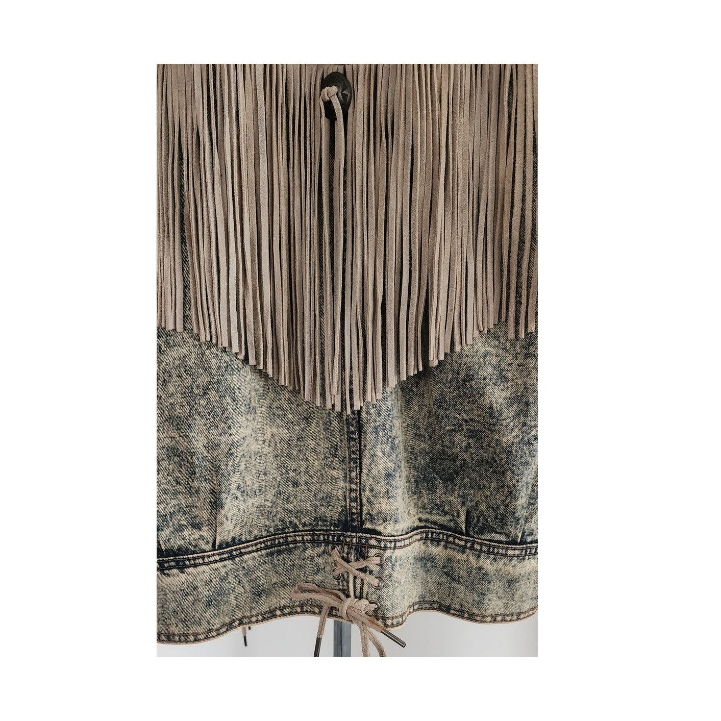 Vintage 80s Rock Creek Trading Co Acid Wash Denim Jacket PLUS SIZE Leather Fringe, Western Style