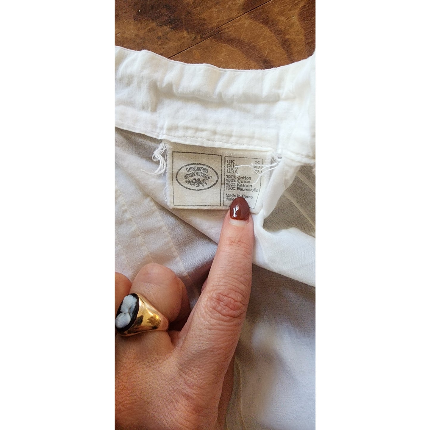 Vintage 70s Laura Ashley Blouse White Cotton Lace Crochet High Collar Puffed Shoulders Neo Edwardian