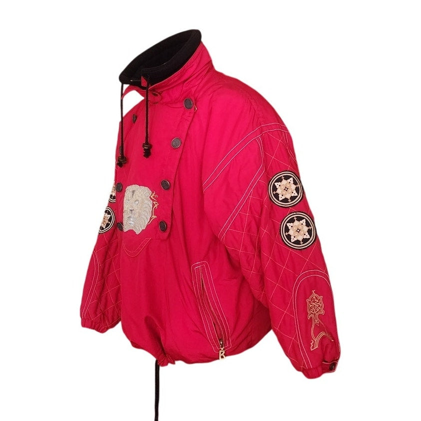 Vintage 1990s Bogner Ski Jacket Goan Thylmann Red Alpine Parka Lion Emblem Fleece Liner