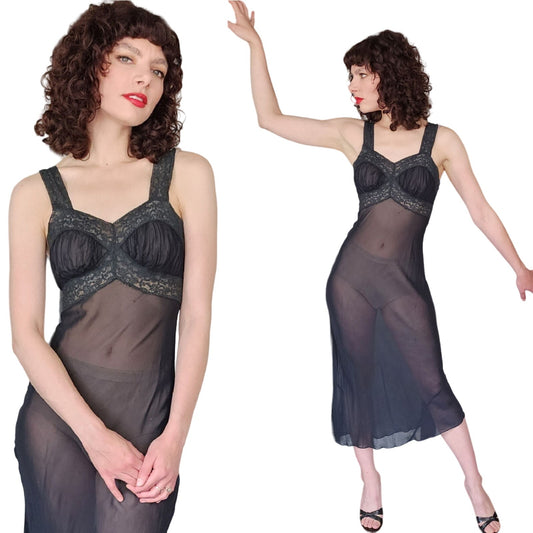 Vintage 30s Black Slip Dress Nightgown Negligee Best & Co