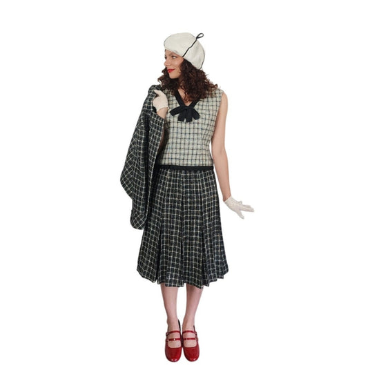 Vintage 1960s Christin Dior New York Suit Mod Three Piece Black White Check Wool