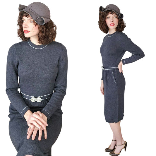 Vintage 70s sweater Dress Gray Knit w/Belt Don Sayres