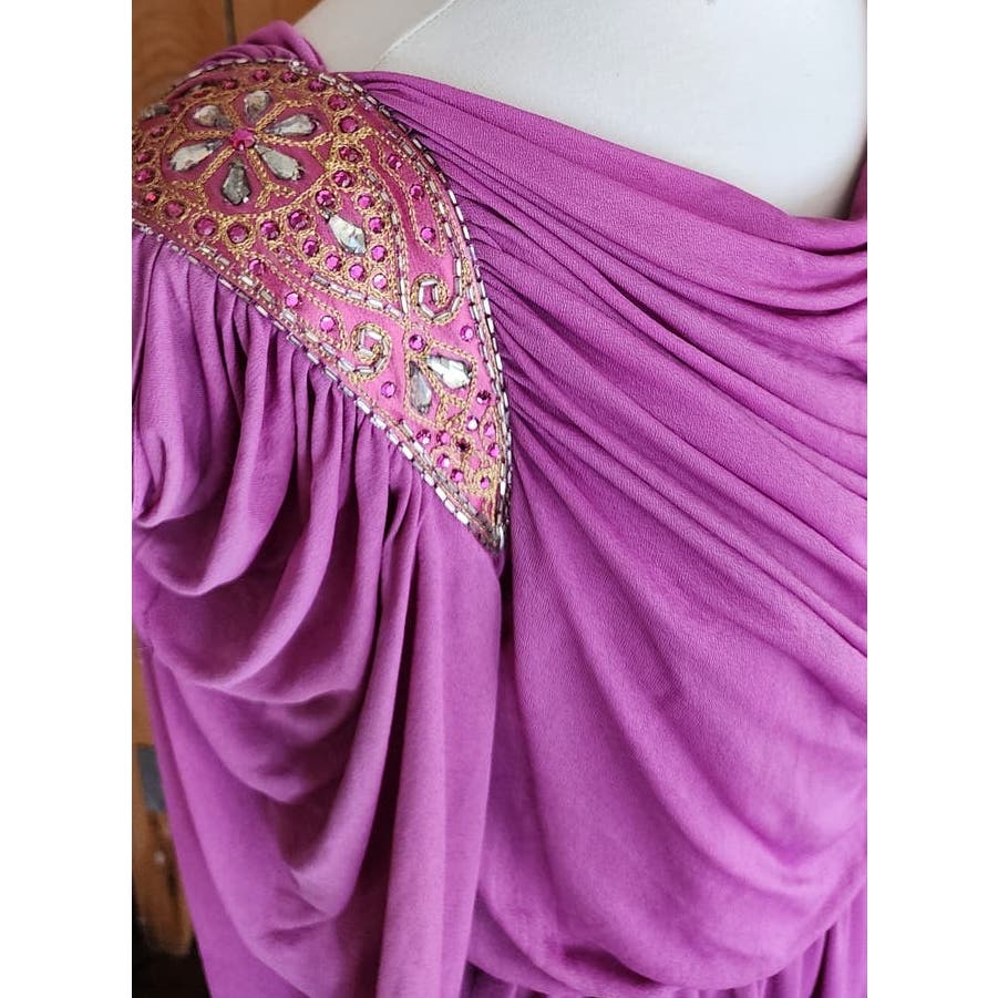 Vintage 80s Purple Evening Dress Grecian Drape Torso Beaded Shoulders Jonathan Hitchcock
