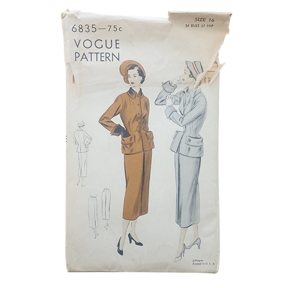 Vintage 1940s ORIGINAL Sewing Pattern Skirt + Blazer Suit Vogue 6835 34 Bust