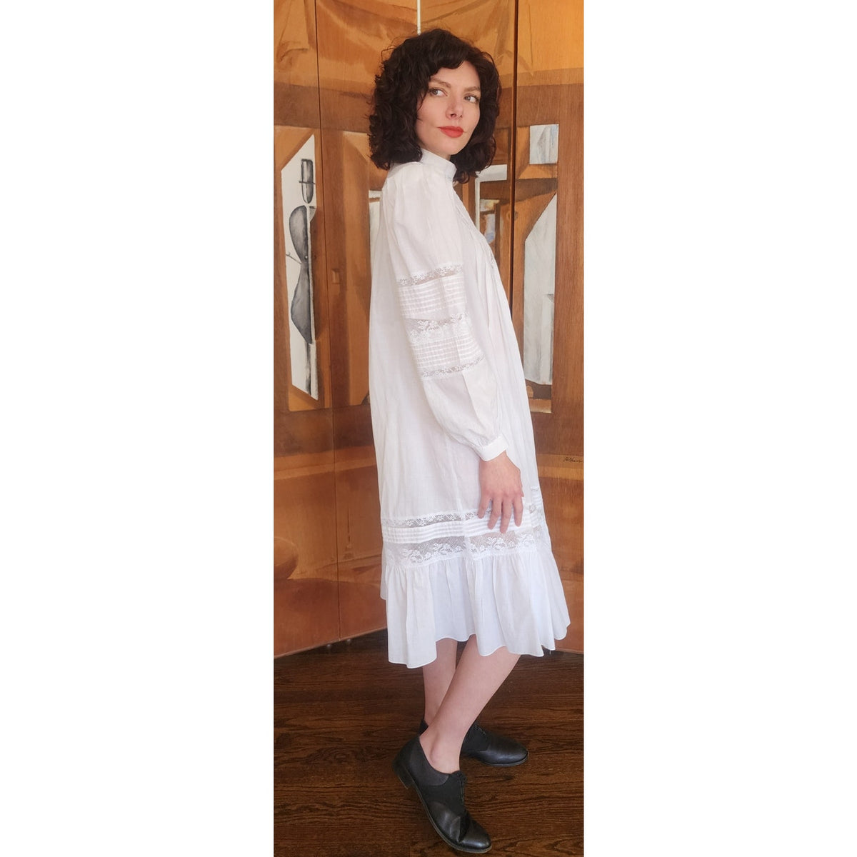 Vintage 1980s Ceegee Sue Wong Dress White Cotton Lace Boho Victorian Puff Sleeve