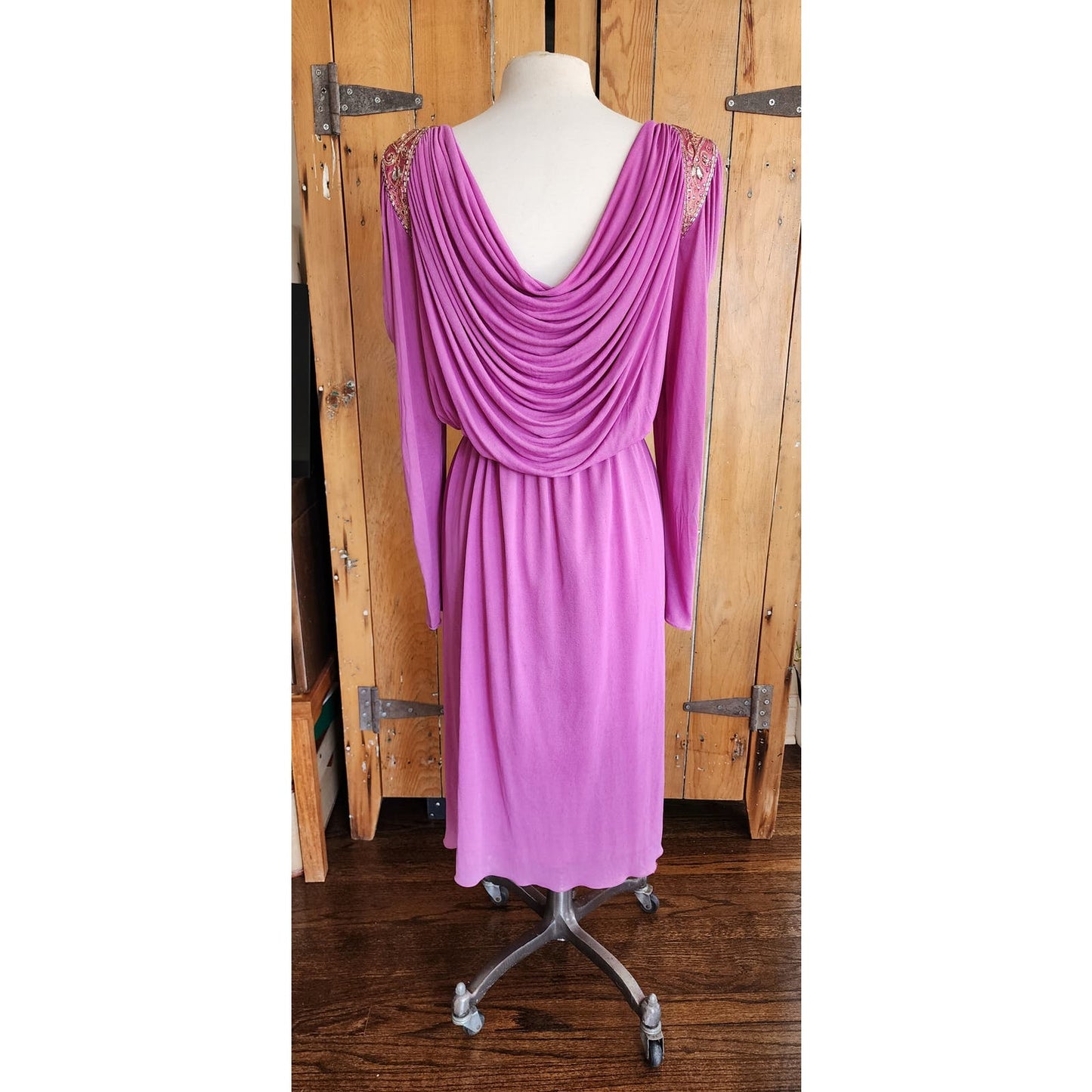 Vintage 80s Purple Evening Dress Grecian Drape Torso Beaded Shoulders Jonathan Hitchcock