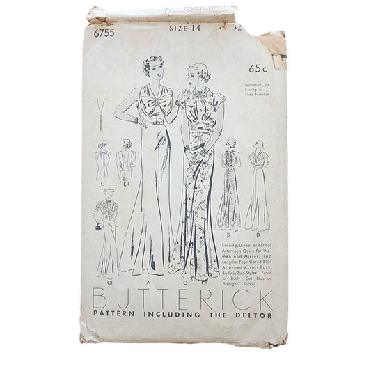 Vintage 30s Sewing Pattern ORIGINAL: Evening Dinner Gown or Formal or Afternoon Dress Butterick 6755
