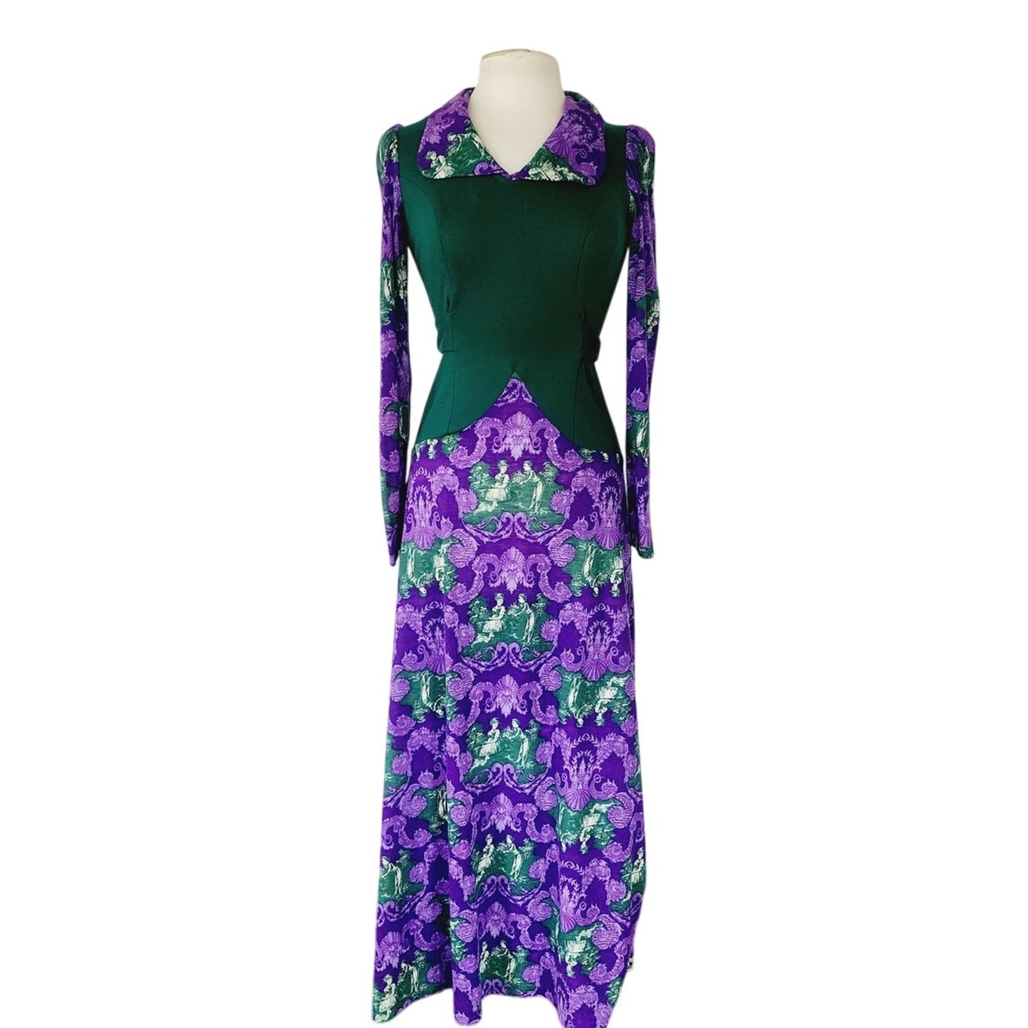 Vintage 70s Maxi Dress Purple French Toile Print & Hunter Green Jody California