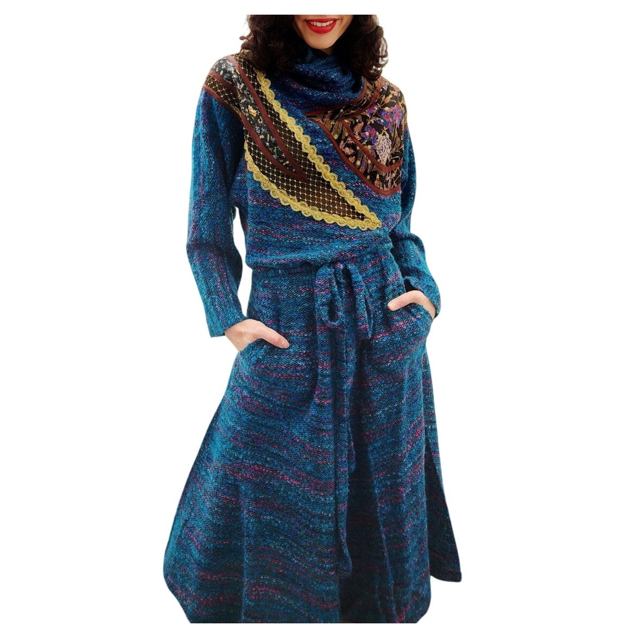 Vintage 1980s KOOS VAN DER AKKER Dress Blue Green Knit Floral Applique Gold Trim