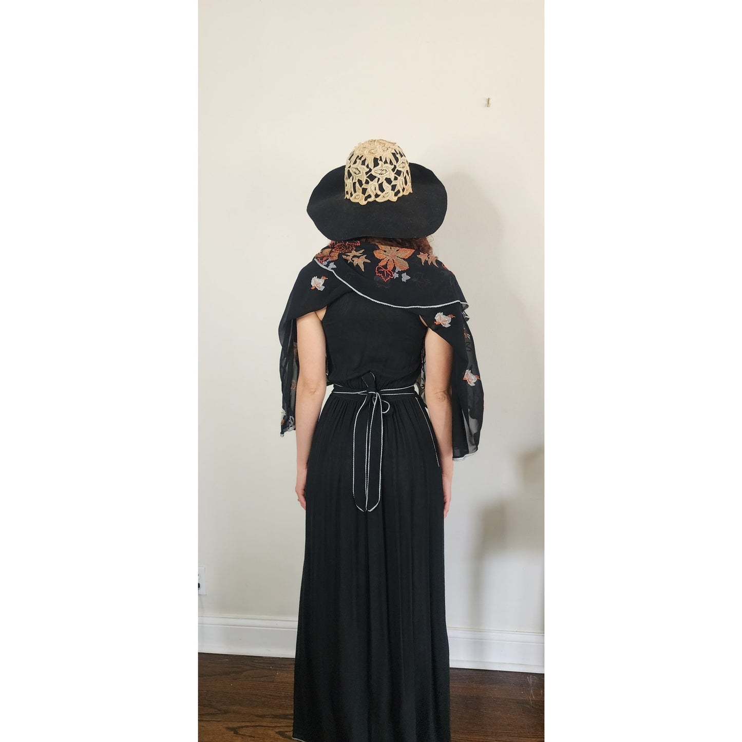 Vintage 1970s Janice Wainwright Dress Embroidered Black Maxi Butterfly Sleeves XS Tall