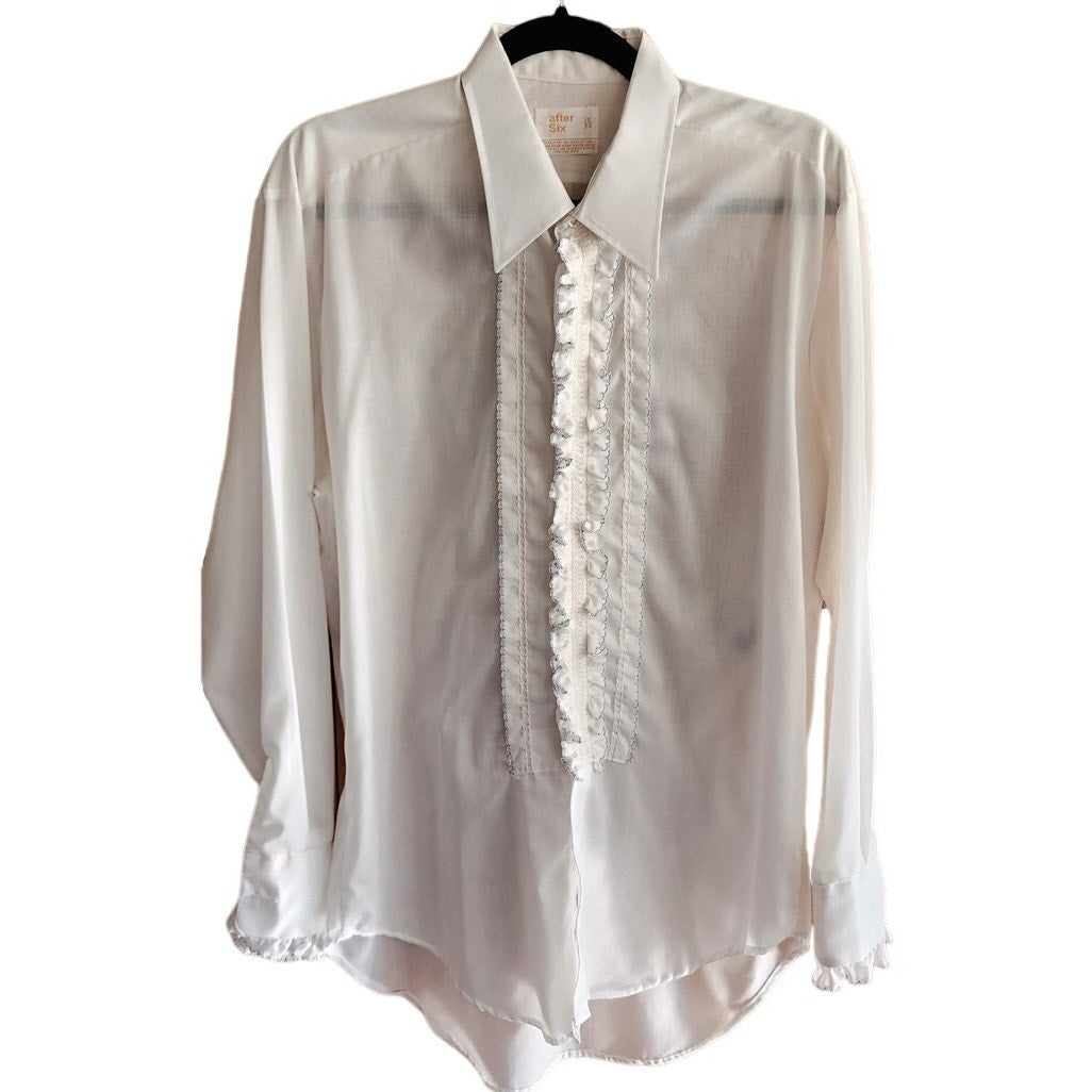 70s Mens White Shirt Ruffled Front Tuxedo Style