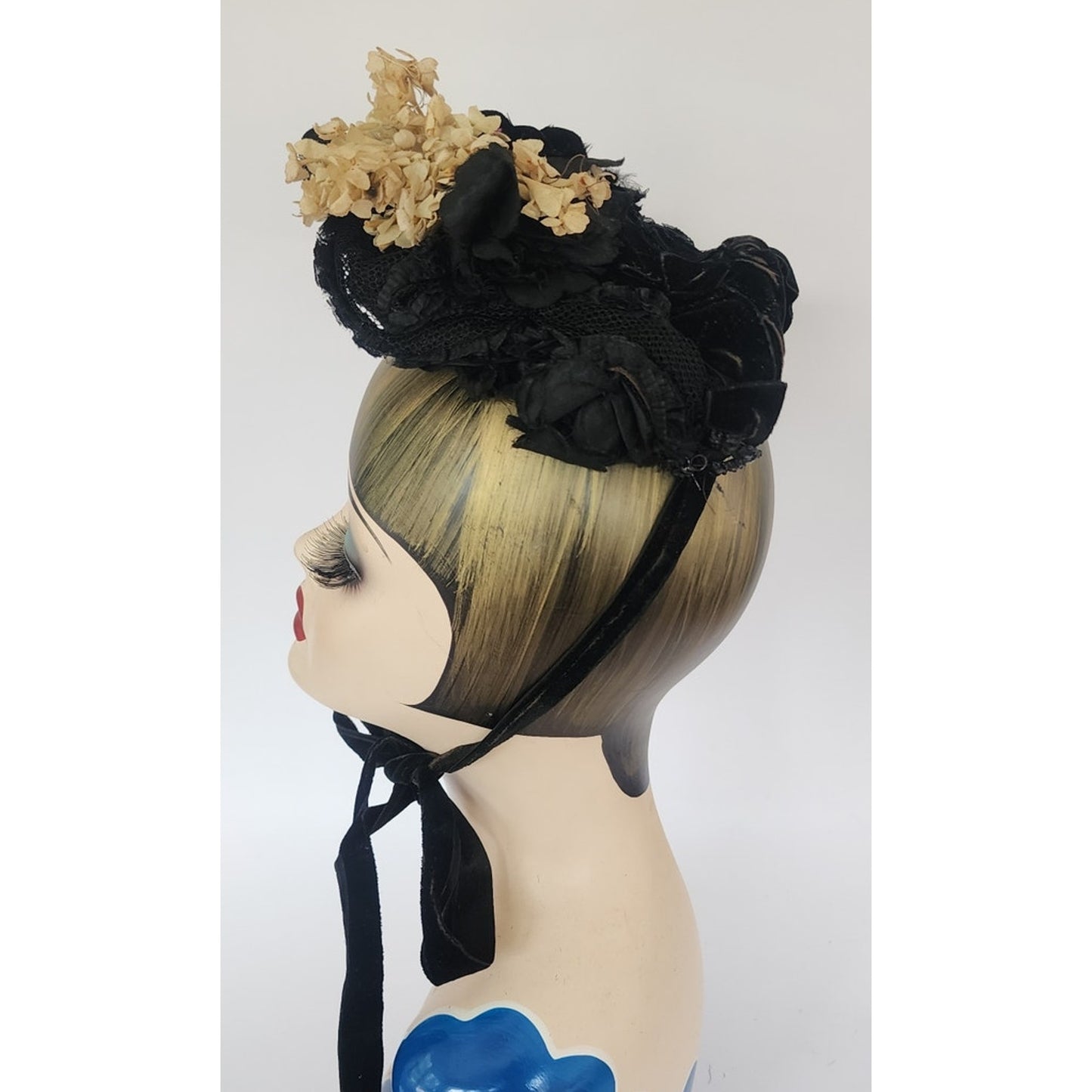 Antique Victorian Hat Black Satin w/Cream Silk Flowers 1800s 19th Century