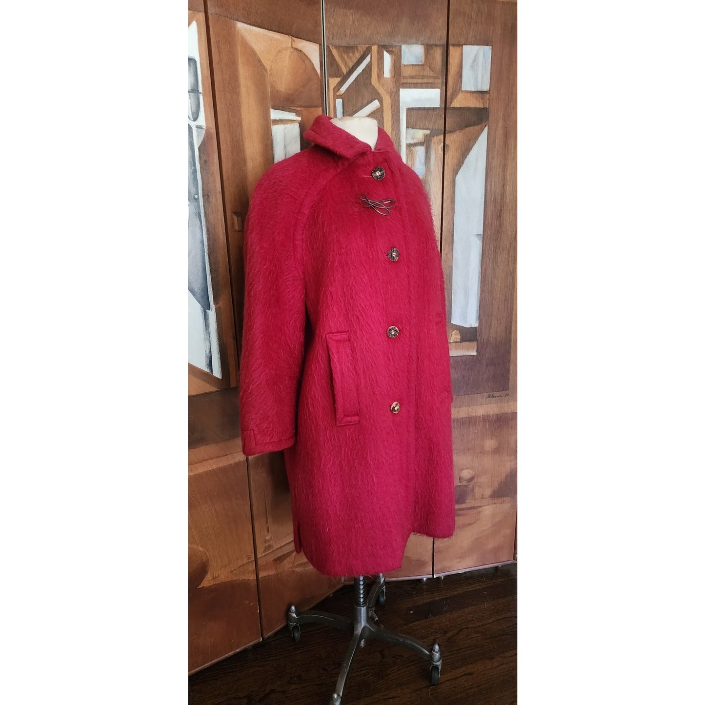 Vintage 1960s Loden Plankl Red Wool Coat Austrian Trachten Alpine Silver Fish Pin