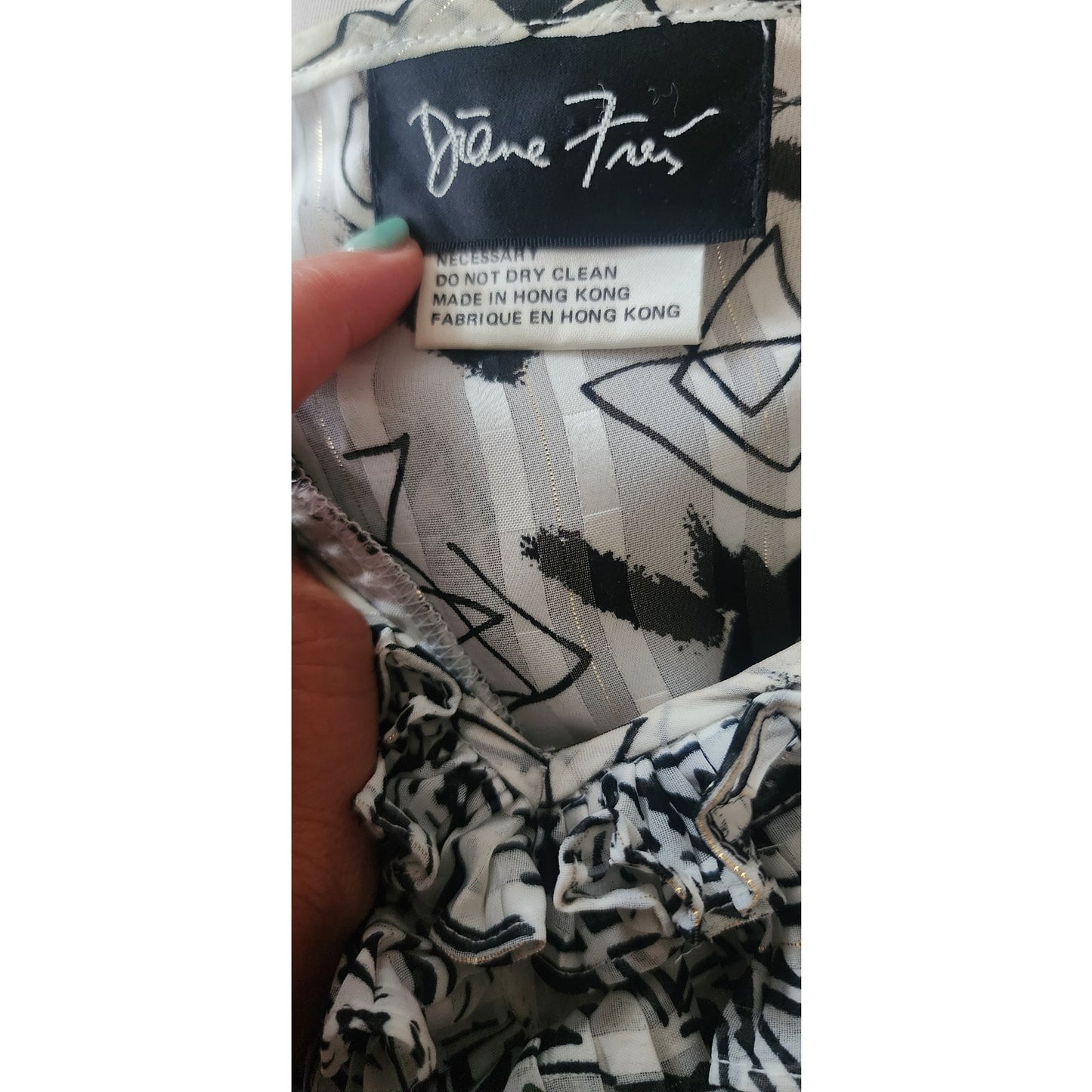 Vintage 1980s Diane Freis Fishtail Skirt Blouse Set Black White Georgette Graphic Print