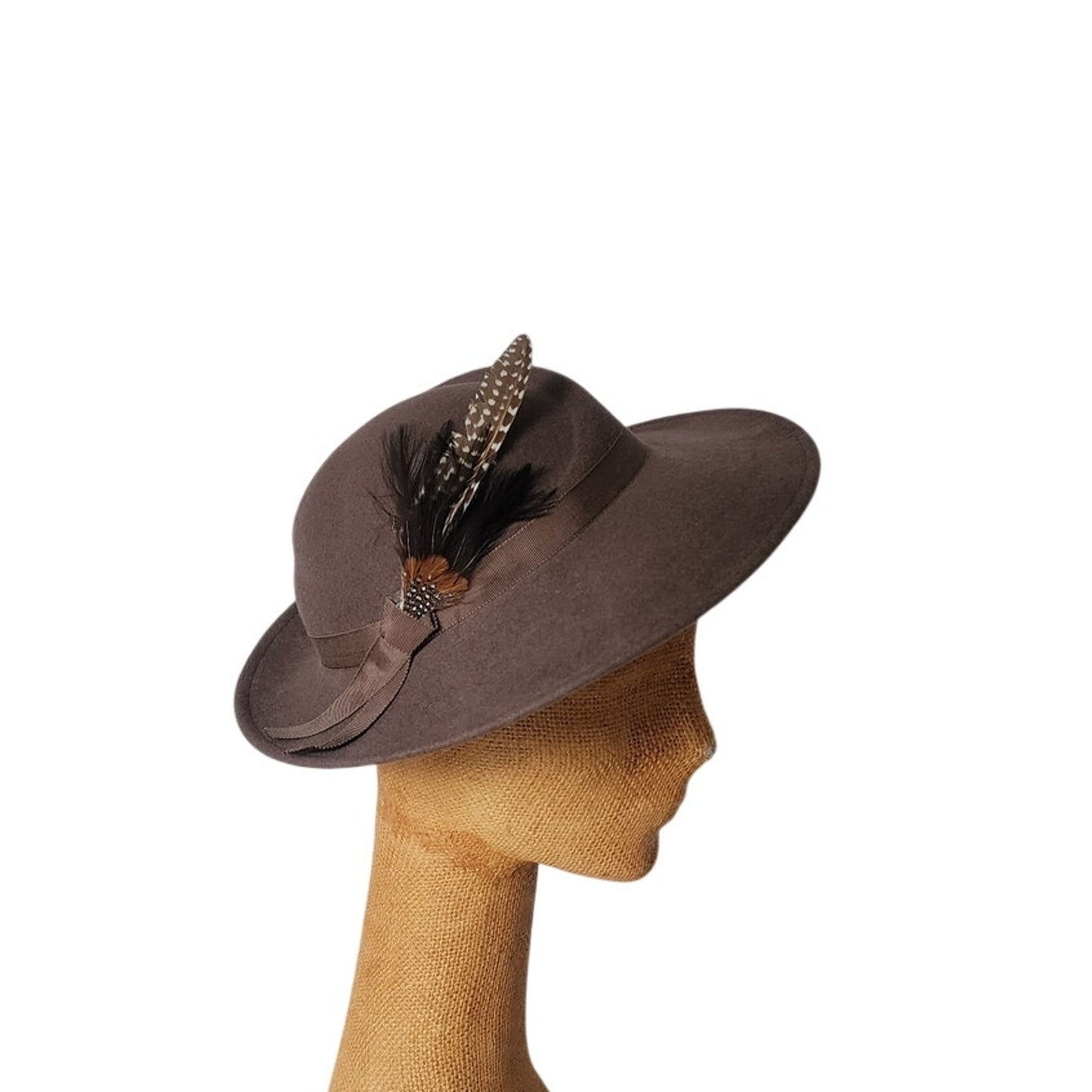 Vintage 70s Brown Wool Ladies Hat w/Feather Wide Brim