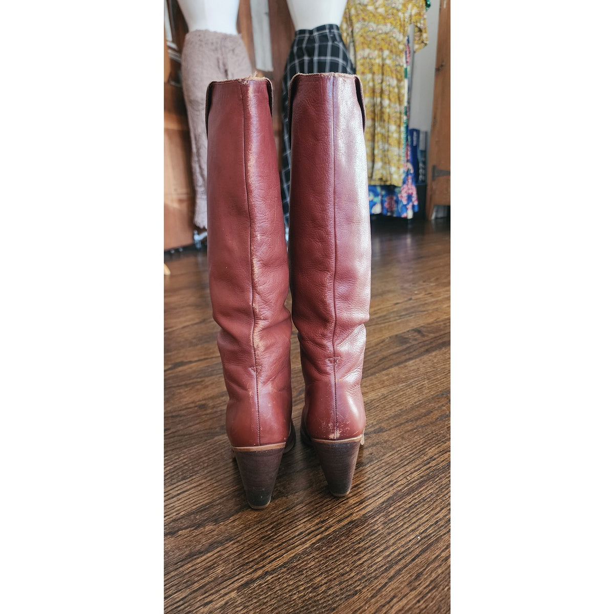 Vintage 1970s Knee Boots Brown Leather High Heels Circle S Size 7 Boho Style
