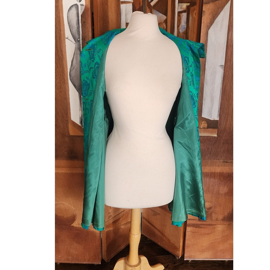 Vintage 60s Swing Coat Short Cape Style Jacket Blue Floral Brocade