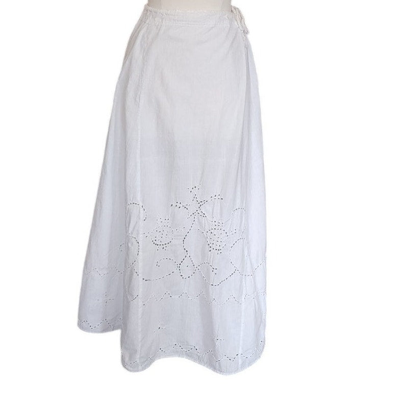 Antique Edwardian Embroidered Petticoat Skirt Underskirt White Cotton Drawstring Waist L