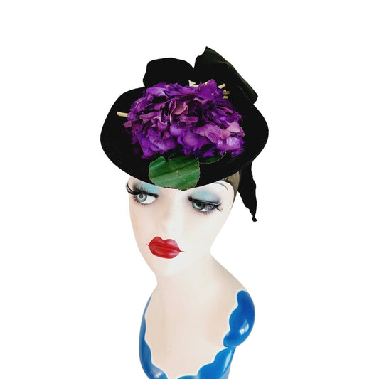 Vintage 30s Saucer Top Hat Purple Flowers New York Creation