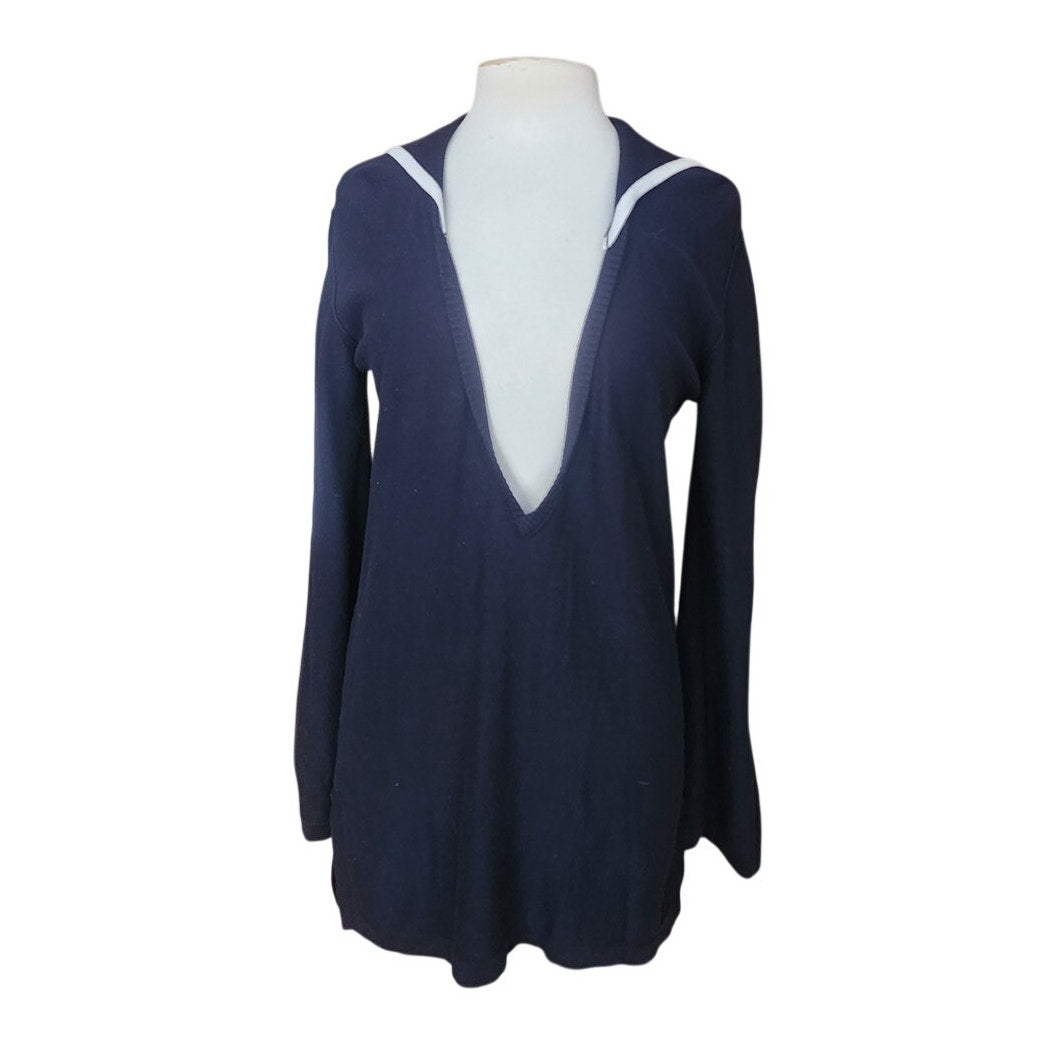 Vintage 90s Sonia Rykiel Tunic or Mini Dress Navy Blue Knit Sailor Collar Long Sleeved 42