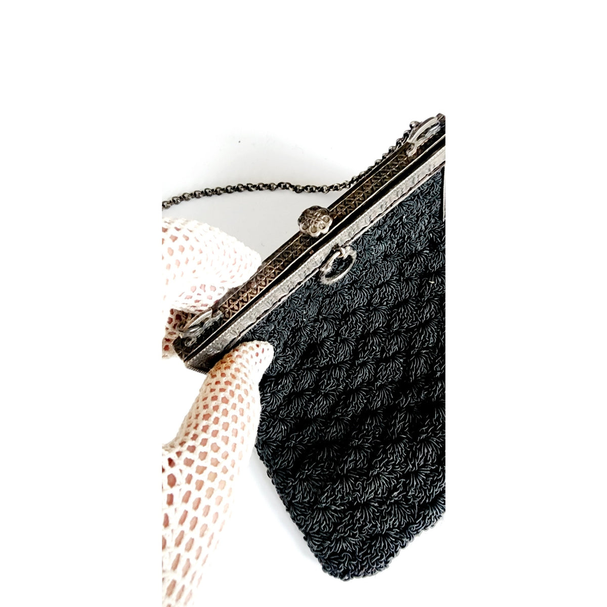 Antique Evening Bag Edwardian Purse Black Crochet Silver Etched Frame 1900s