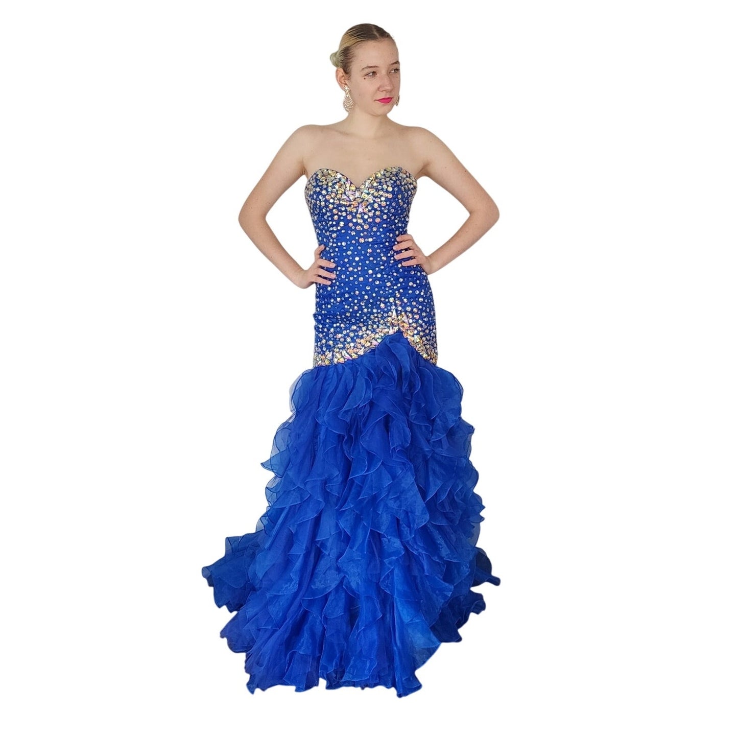 Morilee Strapless Blue Evening Dress Mermaid Ruffled Skirt Beaded Torso