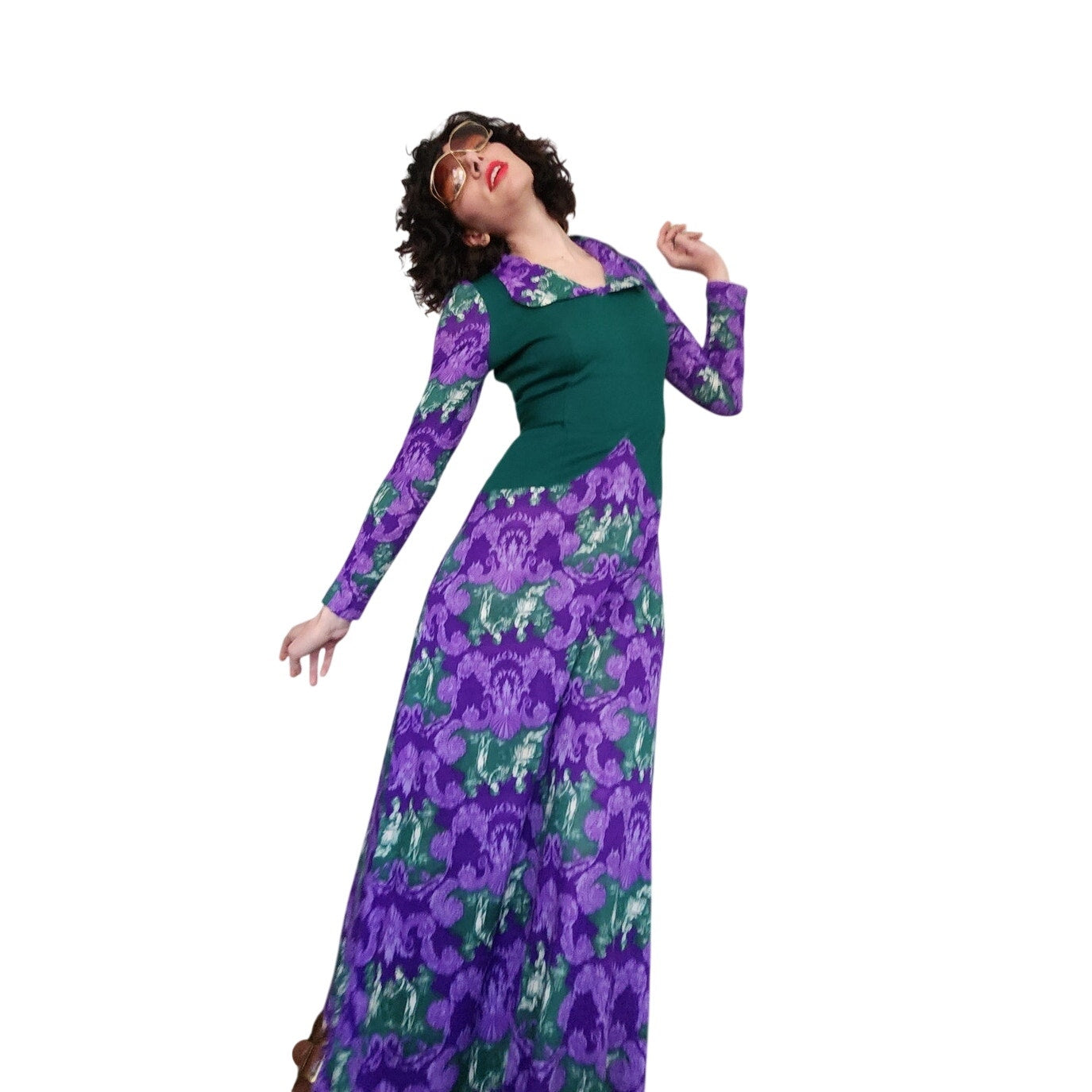 Vintage 70s Maxi Dress Purple & Green French Toile Print Baroque Rococo