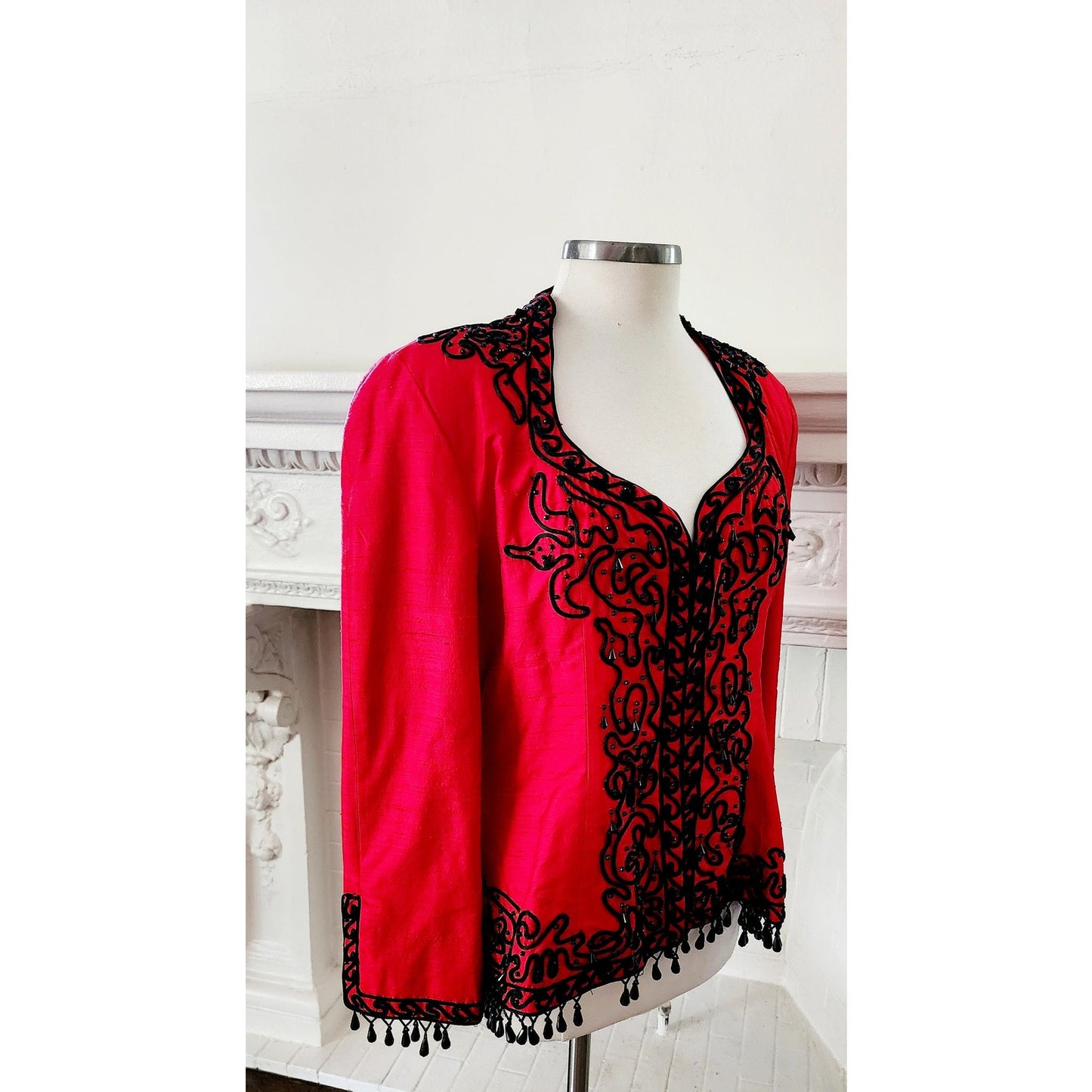Vintage 80s Victor Costa Blazer Red Silk Black Beads Large
