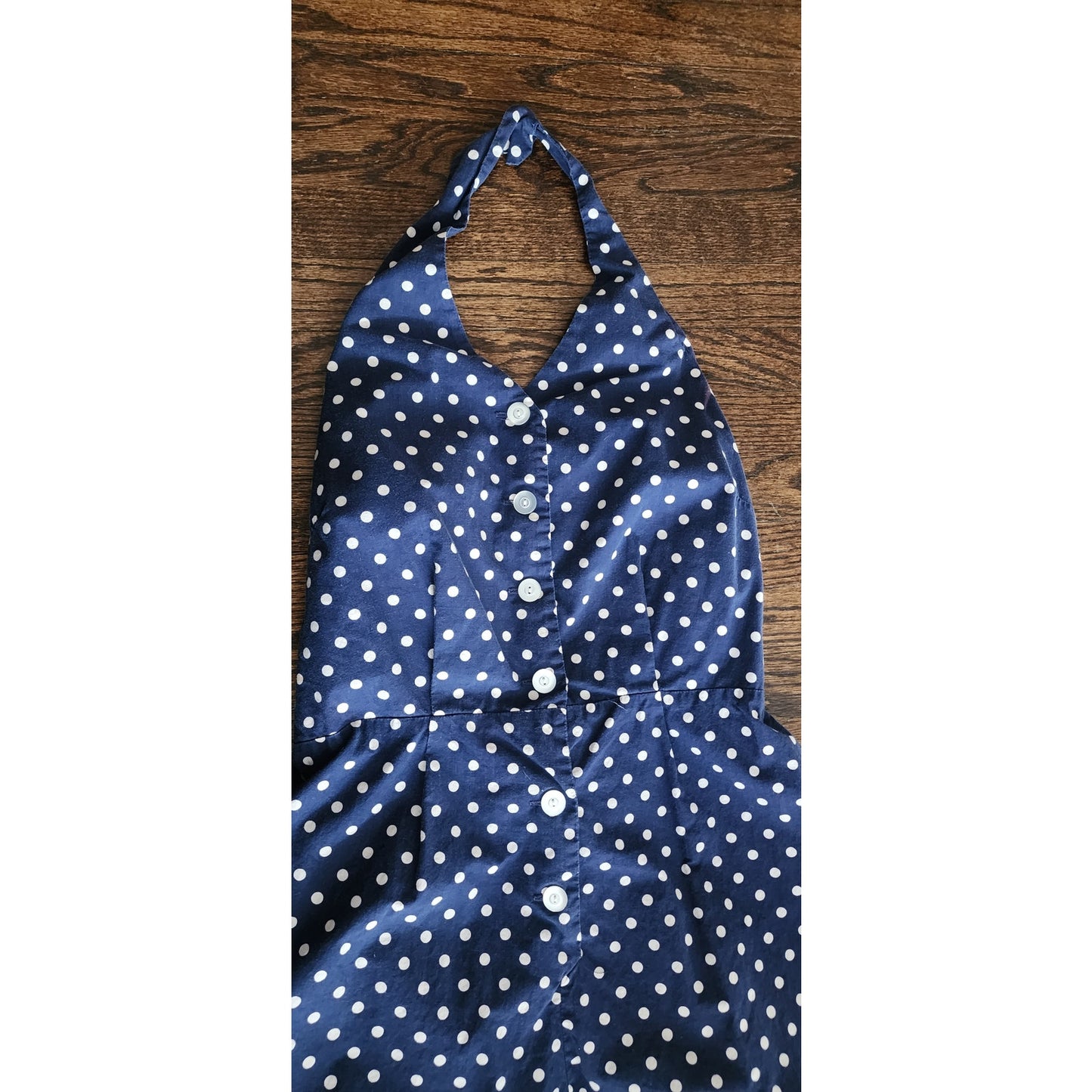 Vintage 70s Romper Polkadot Cotton Print Navy Blue White Halter Top Open Back Sz LARGE