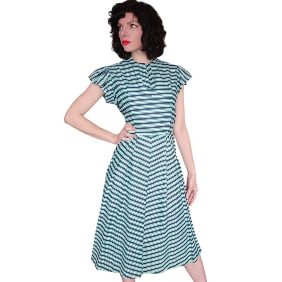 Vintage 50s Striped Fit and Flare Midi Day Dress Green Black Short Sleeves