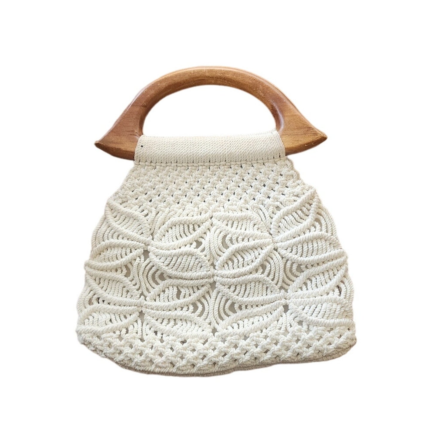 Vintage 70s Macrame Hand Bag Cream White Crochet Purse Wood Handle