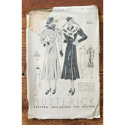 Vintage 30s Sewing Pattern of Fitted Coat w/Collar Butterick 7097 Size 33 Bust