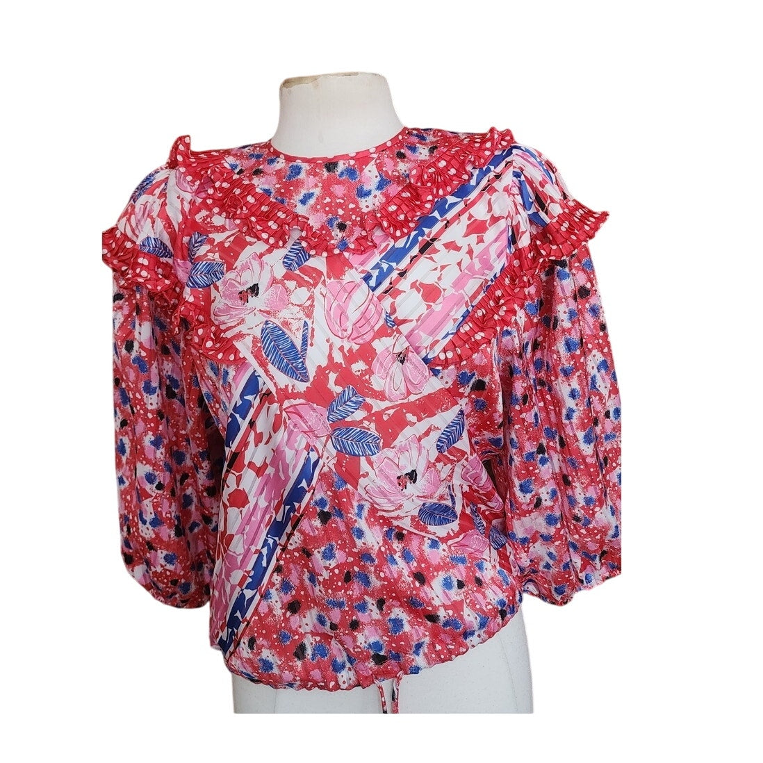 Vintage 80s Diane Freis Blouse Bold Print Poly Georgette Ruffles Pink Red