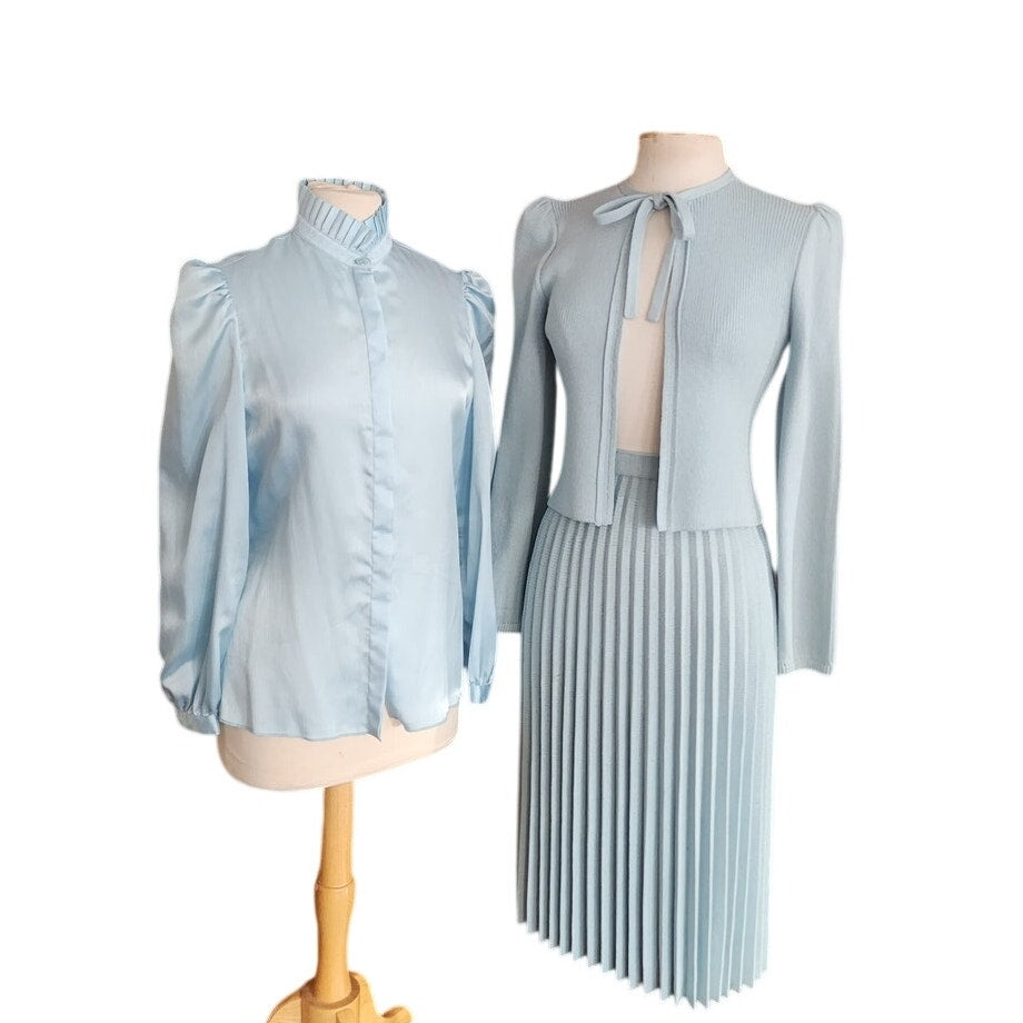 Vintage 70s St John Santana Knit Suit Baby Blue w/Blouse RARE