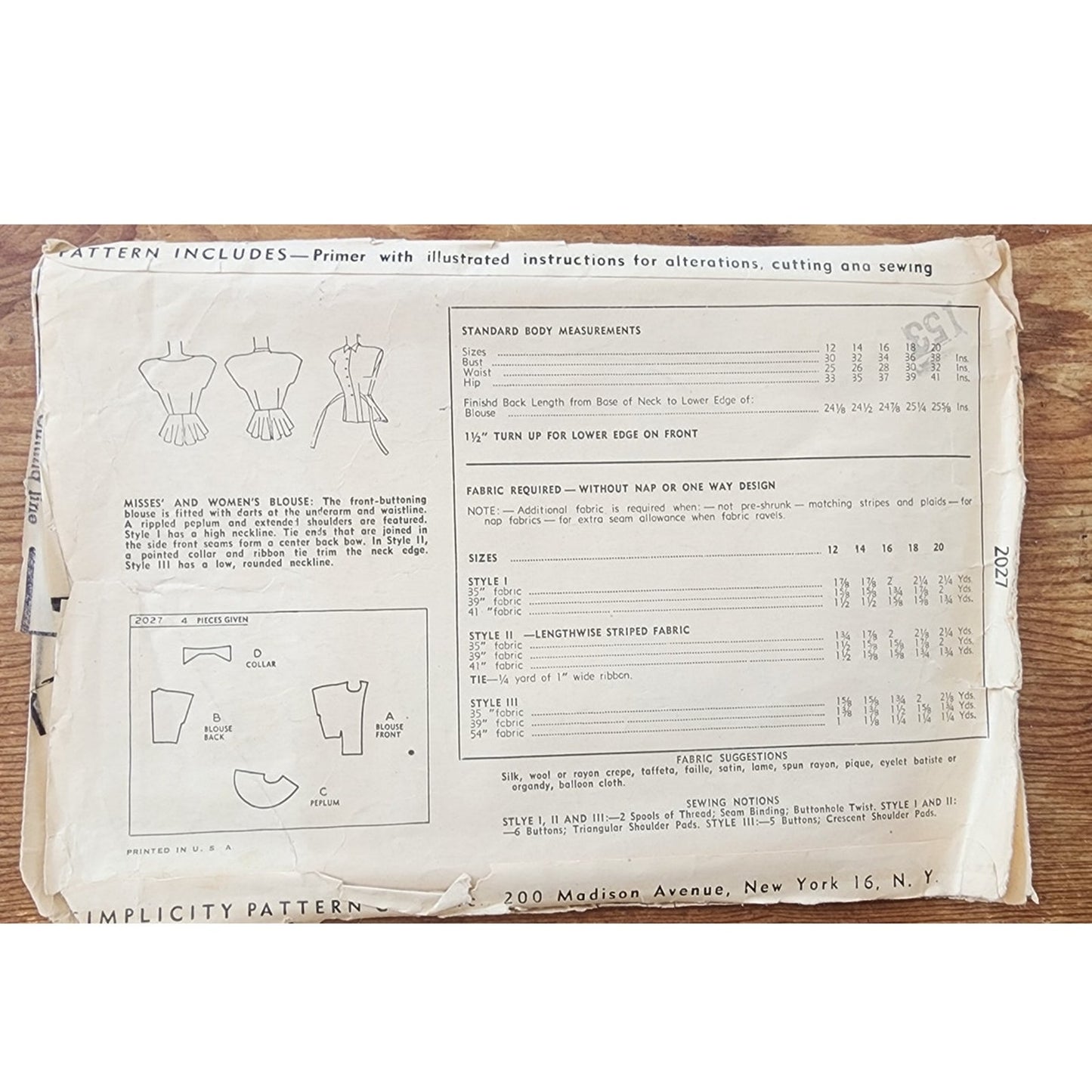 Vintage 40s Sewing Pattern ORIGINAL Womens Blouse w/Peplum Simplicity 2027