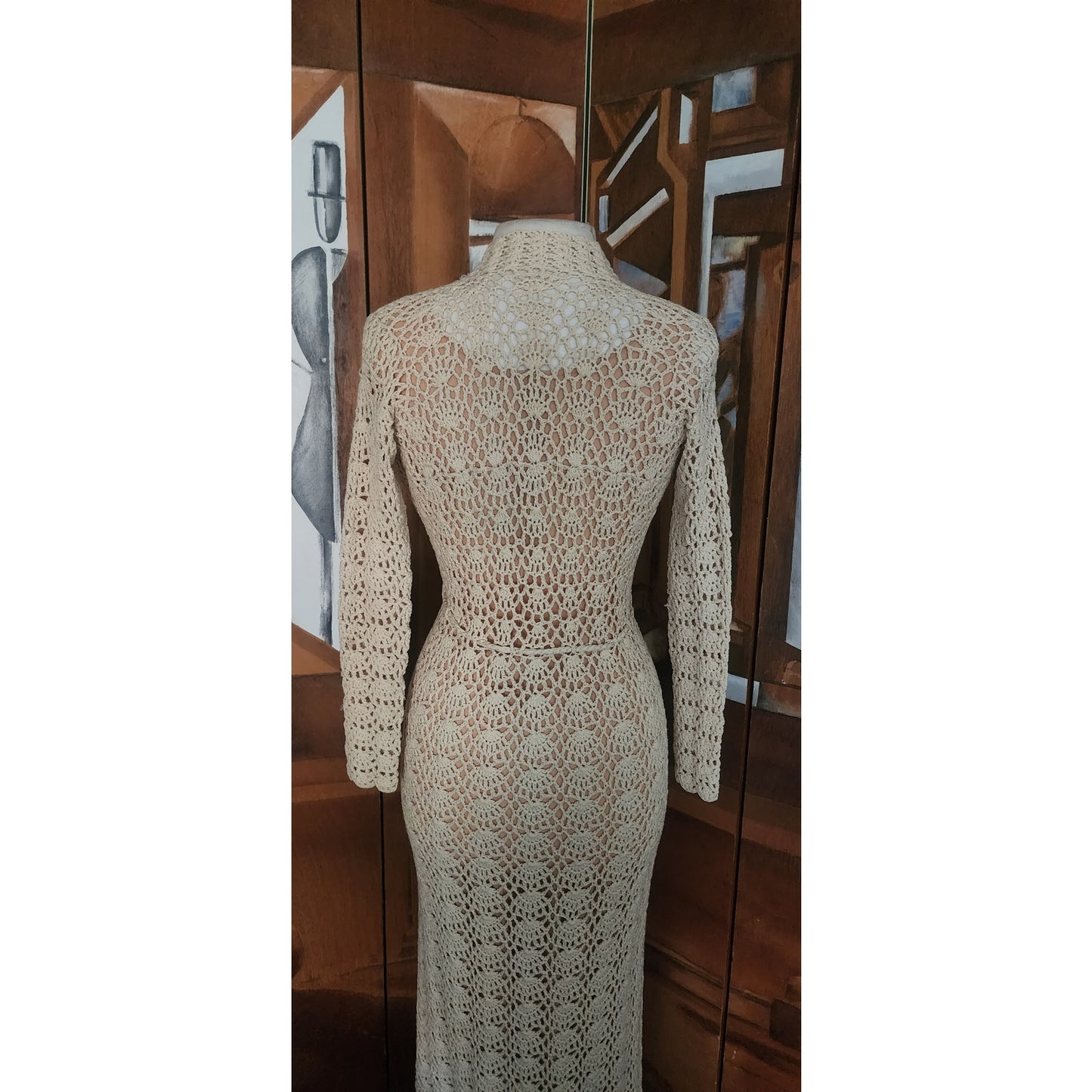 Vintage 1970s Cream Knit Maxi Dress Openwork Crochet Liner Long Sleeved Belted