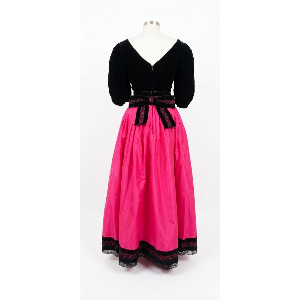 Vintage 1980s Oscar de la Renta Black Velvet Top Fuschia Pink Satin Maxi Skirt Set Miss O