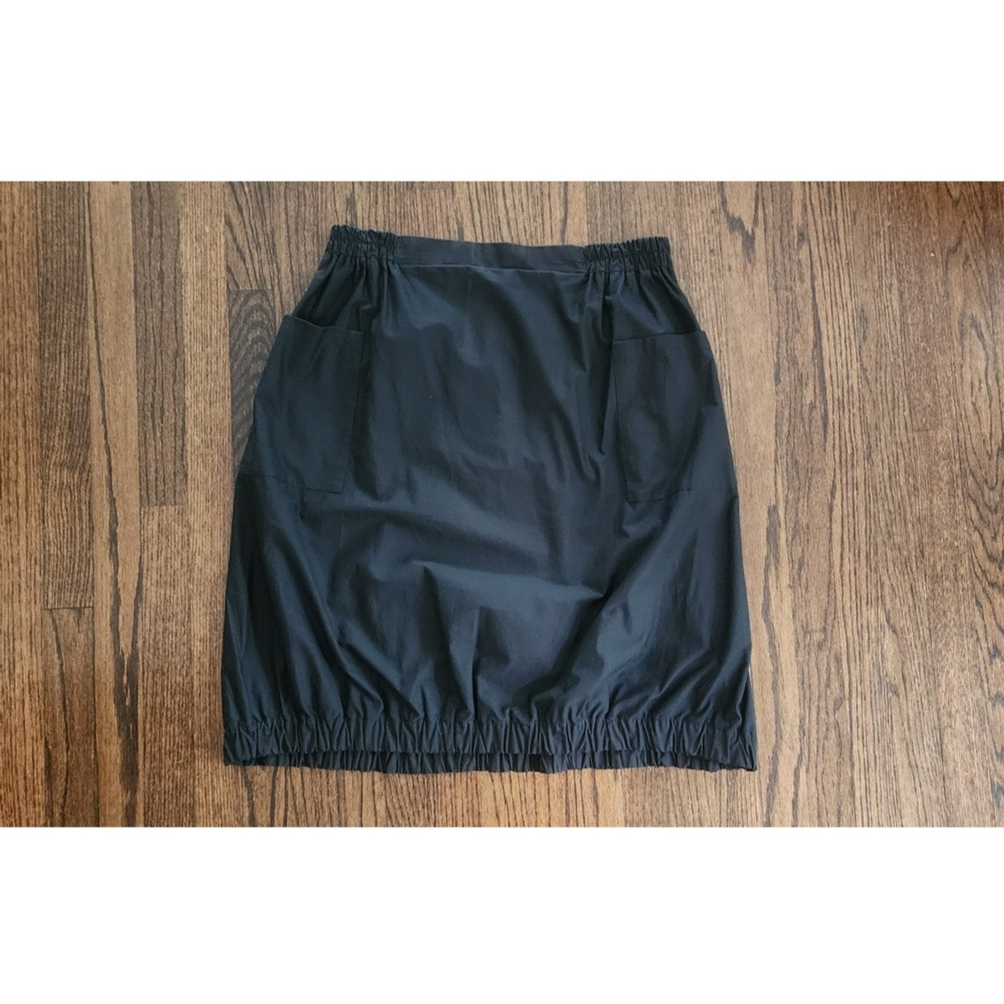 Vintage VUOKKO Finland Skirt Black Cotton Bubble Silhouette Elastic Hem Large Pockets